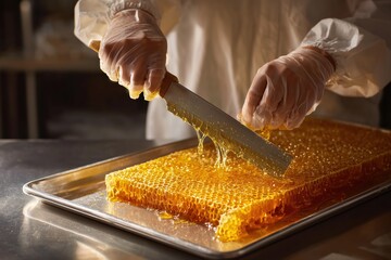 Woman uncapping honeycomb cells with a heated knife in a workshop for honey extraction and processing