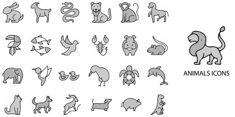 Animals simple concept 24 hand drawn grew color icons set .Vector illustration.	
