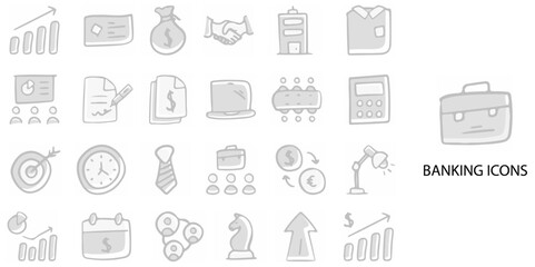 Banking simple concept 24 hand drawn grew color icons set. Vector illustration.