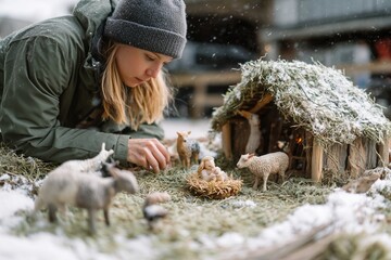 Woman sets up a small outdoor nativity scene with miniature figures in the snow during winter holidays