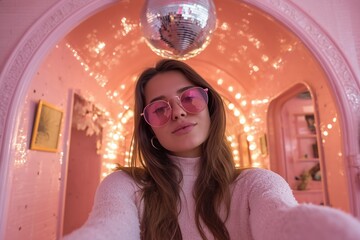 Woman in pink tinted sunglasses poses confidently in a vibrant indoor setting with twinkling fairy lights
