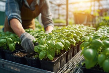 Woman in gloves harvesting fresh basil leaves in a greenhouse during daylight hours