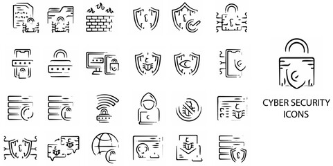 Cyber Security simple concept 24 hand drawn grew icons set .Vector illustration.	