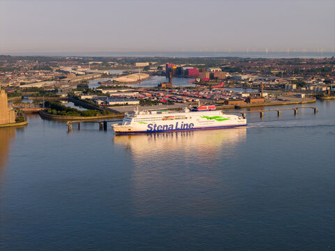 Aerial image of Stena Line ferry boat travelling on river Mersey near Birkenhead at Liverpool - Merseyside, UK. 