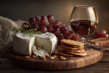 Savoring a wooden cheese board with creamy brie sweet grapes crackers and a glass of wine in a warm rustic setting