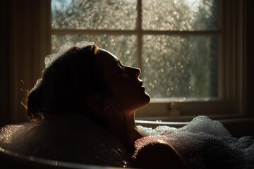 Woman relaxes in a bubbly bath with sunlight streaming through a window creating a serene atmosphere in the moment