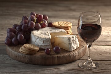 Wooden cheese board with brie crackers red wine and fresh grapes for an elegant snack