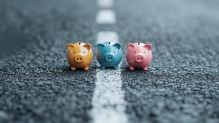 Three colorful piggy banks placed on a road symbolize saving and financial goals, showcasing a fun and playful approach to money management and financial literacy for all ages.