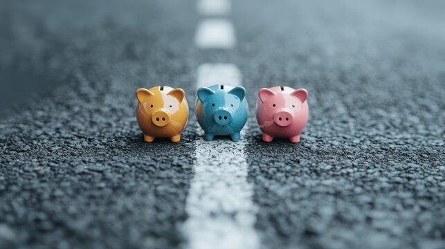 Three colorful piggy banks placed on a road symbolize saving and financial goals, showcasing a fun and playful approach to money management and financial literacy for all ages.