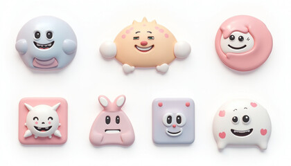 Collection of adorable, colorful, and playful cartoon characters with various shapes
