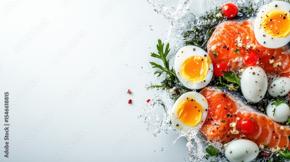 Poster an artistic representation of fresh salmon and perfectly cooked eggs splashing into clear water, hig