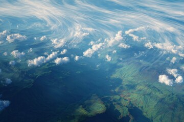 Wispy cirrus clouds casting gentle shadows over lush landscapes during a clear daytime sky