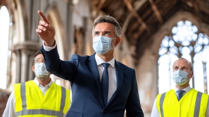 A man in a suit wearing a mask points while flanked by two masked workers in yellow vests inside a large building with arched windows.