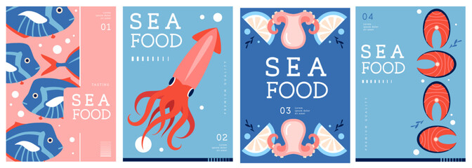 Set of flat modern magazine covers or posters with seafood. Restaurant seafood menu design. Vector illustration