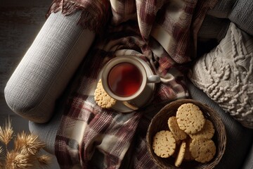 Cozy overhead view of tea biscuits and a warm cup of tea on a stylish blanket draped over a sofa