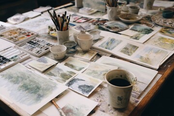 Overhead view of multiple watercolor sketches and painting tools on a cluttered artists table