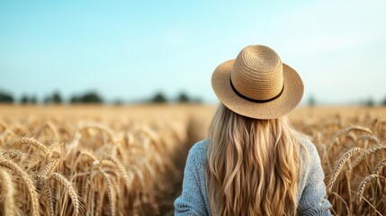 Obraz premium A scenic view of a woman wearing a straw hat walking through a vast golden wheat field under a clear blue sky, symbolizing freedom, serenity, and the bounty of nature.