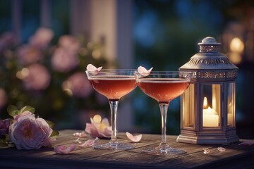Romantic evening with coupe glasses filled with rosy drinks and soft candlelight by blooming roses