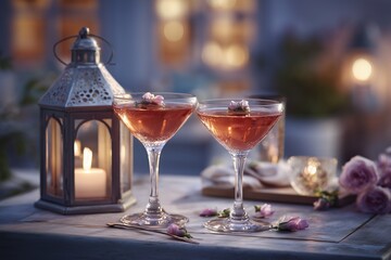 Elegant coupe glasses filled with rosy hued drinks at a cozy evening gathering with soft candlelight