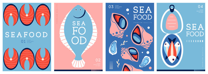 Set of flat modern magazine covers or posters with seafood. Restaurant seafood menu design. Vector illustration