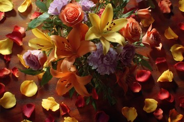 Beautiful bouquet of vibrant flowers arranged elegantly on a textured tabletop surrounded by colorful petals