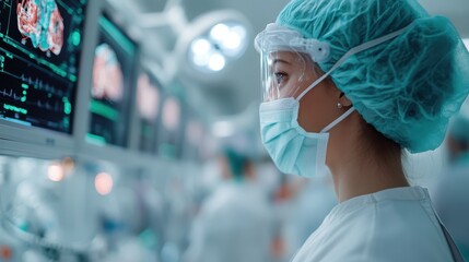 A healthcare professional in scrubs and a face mask intently examines patient data on screens in a medical facility, emphasizing the dedication to patient care and technology.