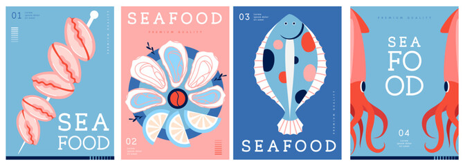 Set of flat modern magazine covers or posters with seafood. Restaurant seafood menu design. Vector illustration