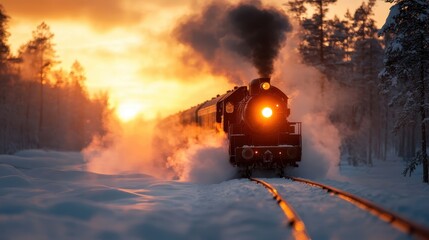 A nostalgic steam locomotive chugging through a picturesque winter landscape at sunset, evoking feelings of adventure and the charm of vintage travel.