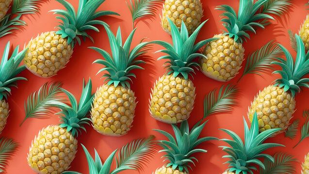 A vibrant, eye-catching, pattern of fresh pineapples laid on the textured red background. It gives the impression of an exotic, tropical, and refreshing experience.