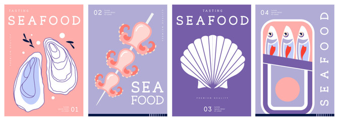 Set of flat modern magazine covers or posters with seafood. Restaurant seafood menu design. Vector illustration