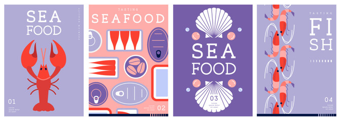 Set of flat modern magazine covers or posters with seafood. Restaurant seafood menu design. Vector illustration