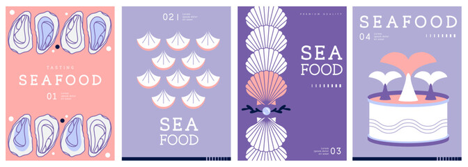 Set of flat modern magazine covers or posters with seafood. Restaurant seafood menu design. Vector illustration