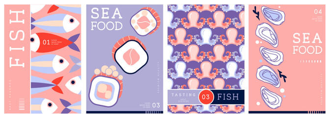 Set of flat modern magazine covers or posters with seafood. Restaurant seafood menu design. Vector illustration