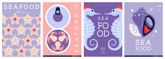 Set of flat modern magazine covers or posters with seafood. Restaurant seafood menu design. Vector illustration