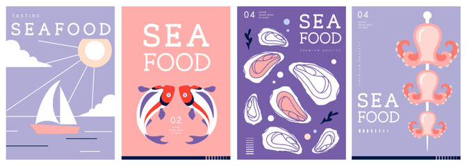 Set of flat modern magazine covers or posters with seafood. Restaurant seafood menu design. Vector illustration