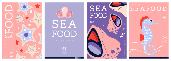 Set of flat modern magazine covers or posters with seafood. Restaurant seafood menu design. Vector illustration
