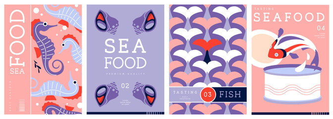 Set of flat modern magazine covers or posters with seafood. Restaurant seafood menu design. Vector illustration