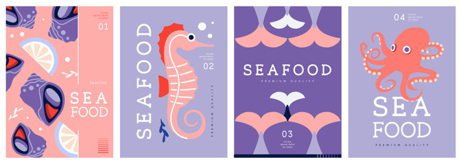 Set of flat modern magazine covers or posters with seafood. Restaurant seafood menu design. Vector illustration