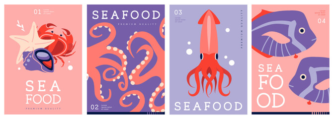 Set of flat modern magazine covers or posters with seafood. Restaurant seafood menu design. Vector illustration