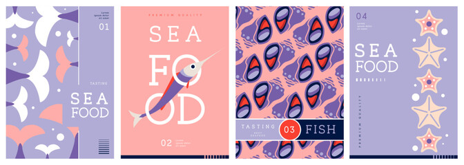 Set of flat modern magazine covers or posters with seafood. Restaurant seafood menu design. Vector illustration