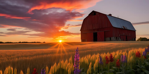 Sunset Illuminates Barn and Wildflowers

