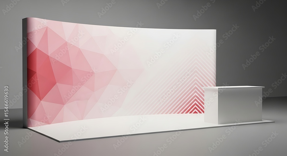Aufkleber trade show display booth with polygonal design and reception desk in studio setup