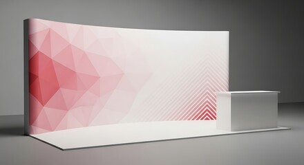 Trade show display booth with polygonal design and reception desk in studio setup