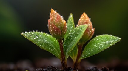 Two young plant buds glistening with dew droplets symbolize growth and renewal, showcasing nature's beauty and delicate intricacies in a serene garden setting.