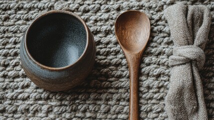Rustic minimalist dining setup with wooden spoon and ceramic bowl on textured mat