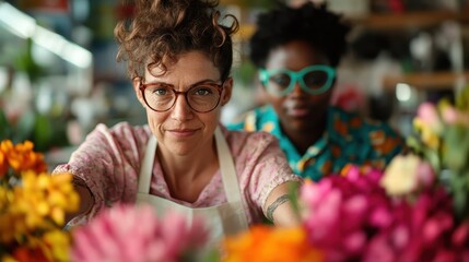 This image captures a colorful flower shop with two attractive florists focused on arranging beautiful flowers for sale, showcasing a lively and cheerful atmosphere.