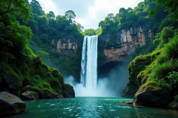 Majestic Thai waterfall cascading down lush green cliffs , leaves, tranquil