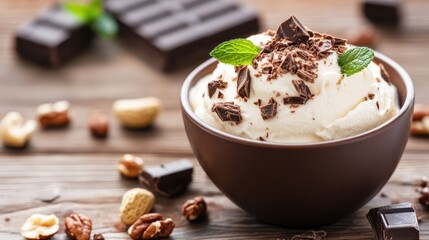 An enticing bowl of creamy vanilla ice cream topped with rich chocolate shavings, surrounded by nuts and dark chocolate pieces, perfect for satisfying your sweet tooth cravings.