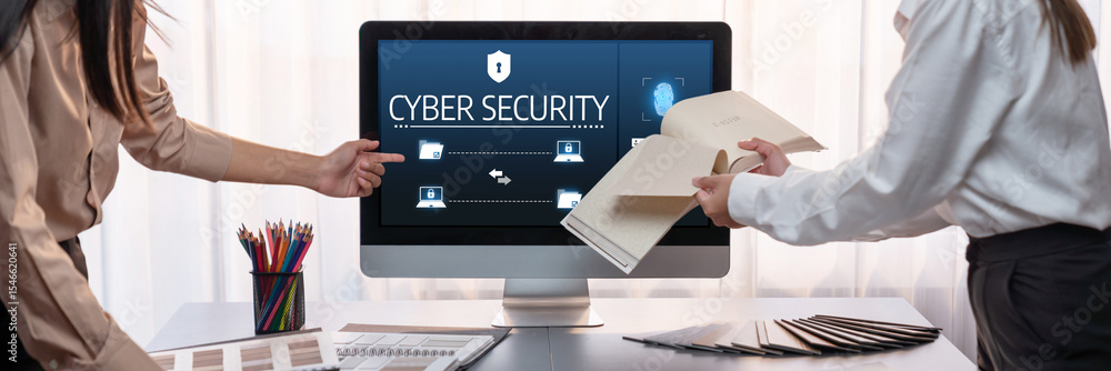 Poster cyber security system on computer screen protect private information brisk from hacker and cyber att