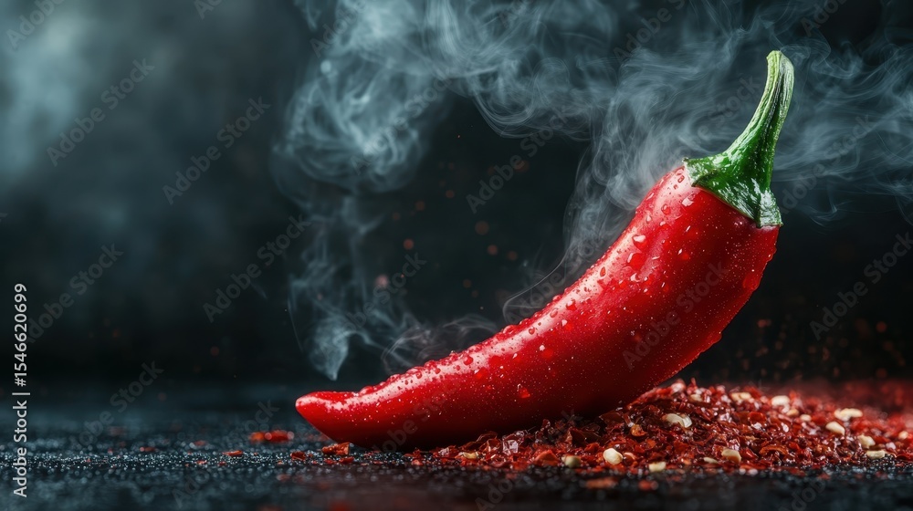 Poster a close-up of a shiny red chili pepper surrounded by spice, emanating steam that creates a dynamic c